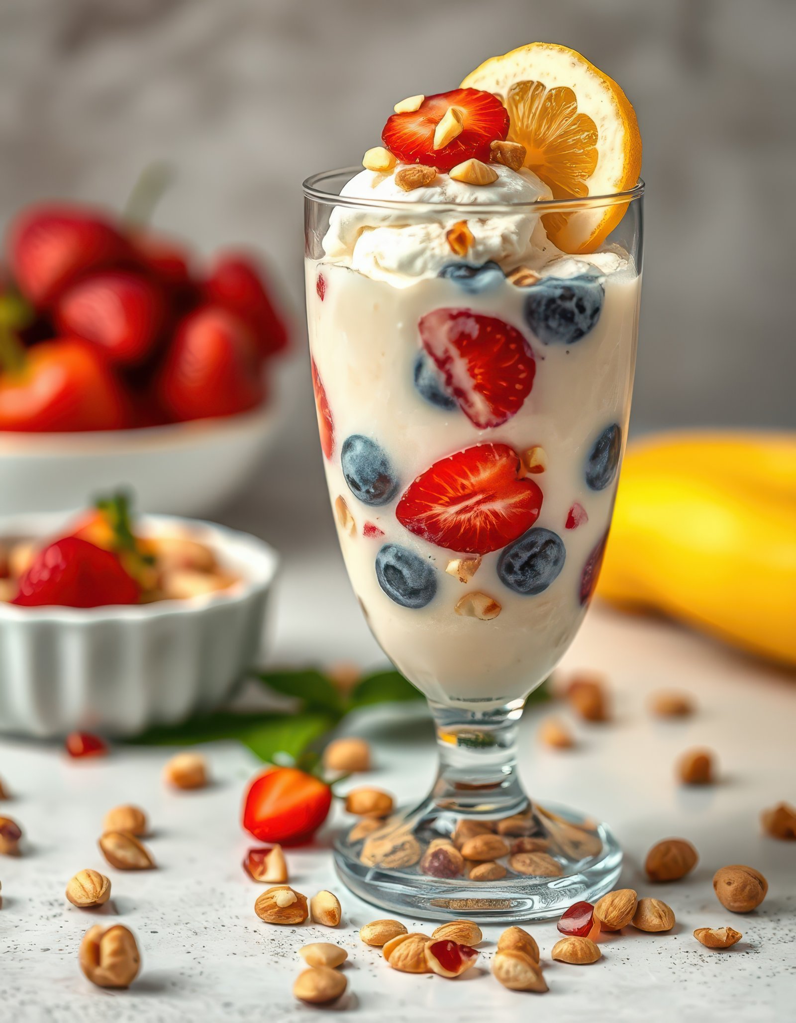 Fresh fruit parfait with creamy yogurt and nuts served in a tall glass
